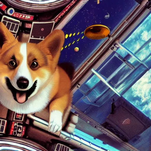 Image similar to a hyperrealistic digital render of a happy cyberpunk corgi in a soviet spacesuit, floating in space, symmetry, sharp focus