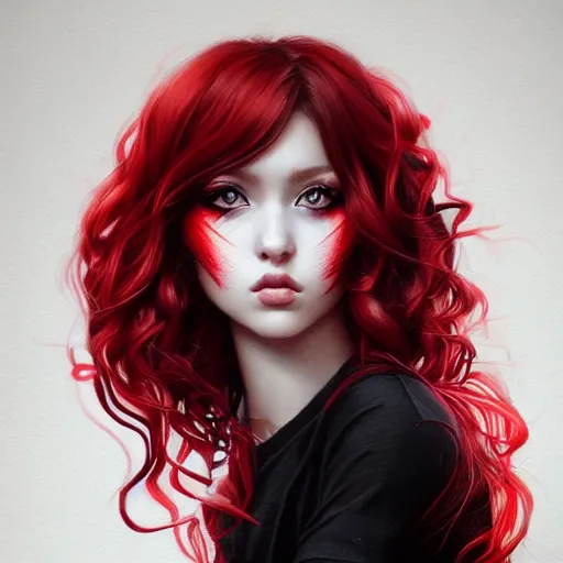 Image similar to a realistic illustration portrait of a beautiful cute girl with curly black and red hair, a pointy nose and, round chin black eyeliner, trending on artstation, hyper - realistic lighting, intricate, ross tran