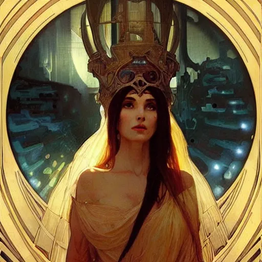 Prompt: an acrylic on canvas painting of a beautiful alien priestess by Greg Rutkowski, artgem and Alphonse Mucha. Epic fantasy art.