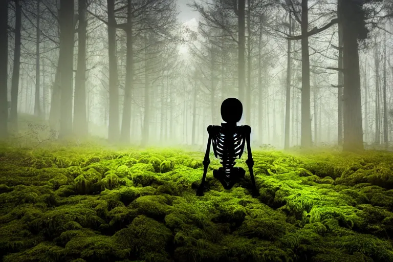 Image similar to a burning with fire human skeleton sitting behind computer, overgrown with moss, in foggy forest, at night with moon light, dark atmosphere, dark fantasy, highly detailed