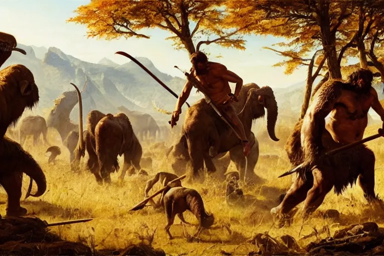 Prompt: epic scene of prehistoric hunter gatherers hunting a wooly mammoth with spears, autumn season, clear and beautiful sunny weather, sharp focus, epic feels, high details, oil painting by greg rutkowski and craig mullins, frank frazetta, 8 k
