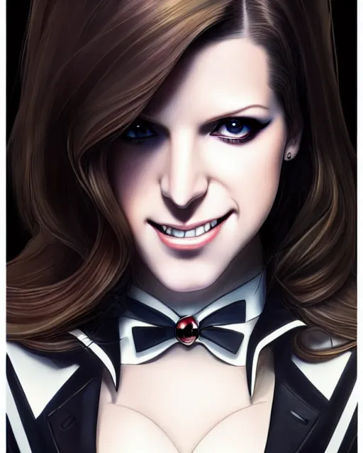 Image similar to ultra realistic, beautiful Anna Kendrick Zatanna DC Comics waist up floating, on stage, symmetrical face symmetrical eyes, smiling, modern anime, fantasy, eerie, intricate details, atmospheric, elegant, super highly detailed, professional digital painting, artstation, concept art, 8k, art by artgerm and eiichiro oda and koyoharu gotouge