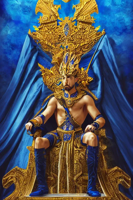 Image similar to Half-length portrait of the azur emperor sitting on its throne. Blue clothing, gold heavy armor. Dramatic, bloom, shadows. High fantasy, digital art, HD, 4k, detailed, illustration.