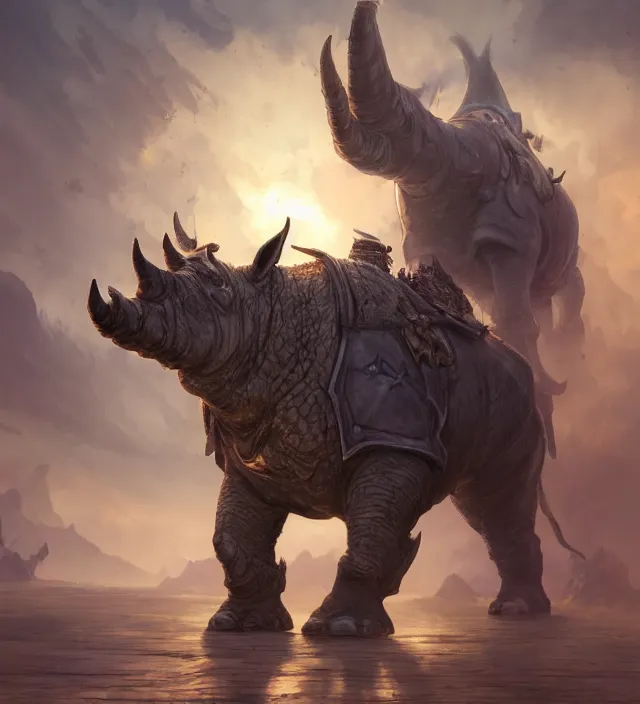 Prompt: a well rendered anthropomorphic rhinoceros portrait, world of Warcraft armor, subject in the center of the frame, rule of thirds, golden ratio, cyberpunk, elegant, digital painting, octane 4k render, zbrush, hyperrealistic, artstation, concept art, smooth, sharp focus, illustration from DnD by Ruan Jia and Mandy Jurgens and Artgerm and William-Adolphe Bouguerea