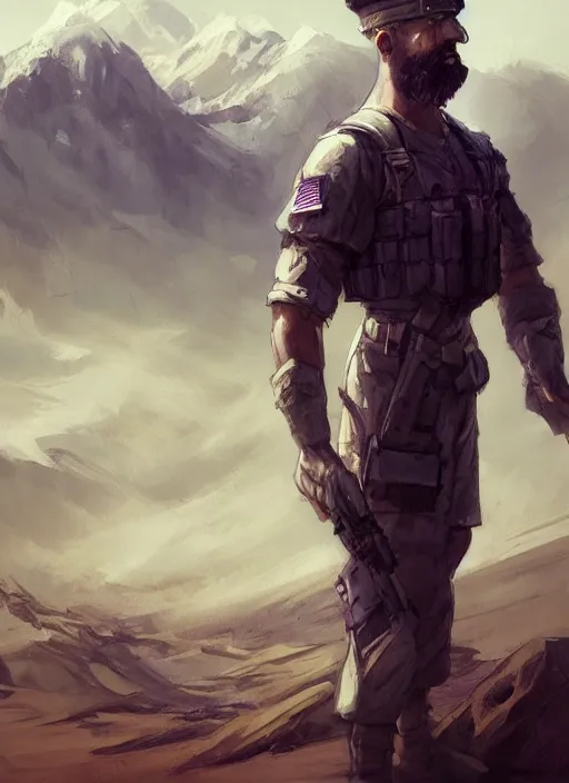 Image similar to purple scene lighting, detailed character portrait concept art, white male, strong muscular mature, soldier with beard, short hair, in a soldier uniform, desert with city in the background, sharp focus, illustration, highly detailed, digital painting, concept art, matte, art by wlop and artgerm and greg rutkowski, masterpiece