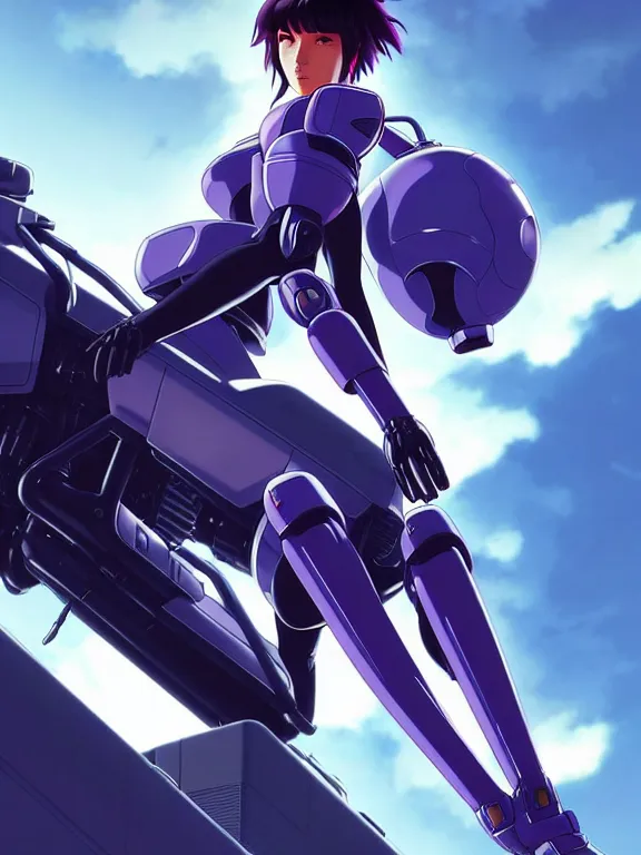 Image similar to a fullbody action still of motoko kusanagi riding on top of a tachikoma, the major ghost in the shell : : stand alone complex, under repairs, maintenance : : by ilya kuvshinov, rossdraws, artgerm, sola digital arts, anti aliasing, raytracing : :