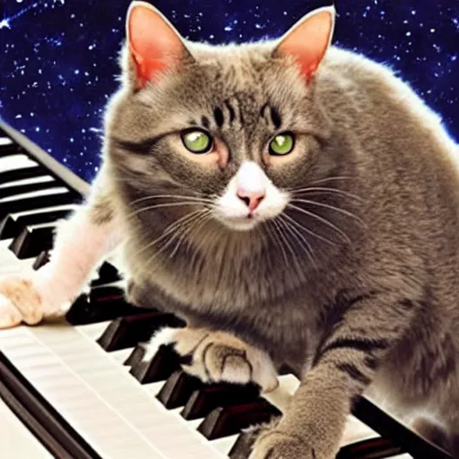 Image similar to a cat playing a piano in space