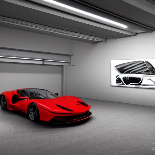 Image similar to garage of luxury car, fiction, pop art stability, photorealistic, intricate, elegant, 8 k, uhd, justify, realistic, concept art, matte, sharp focus, photography, consistent, highly detailed object content, proportional object content