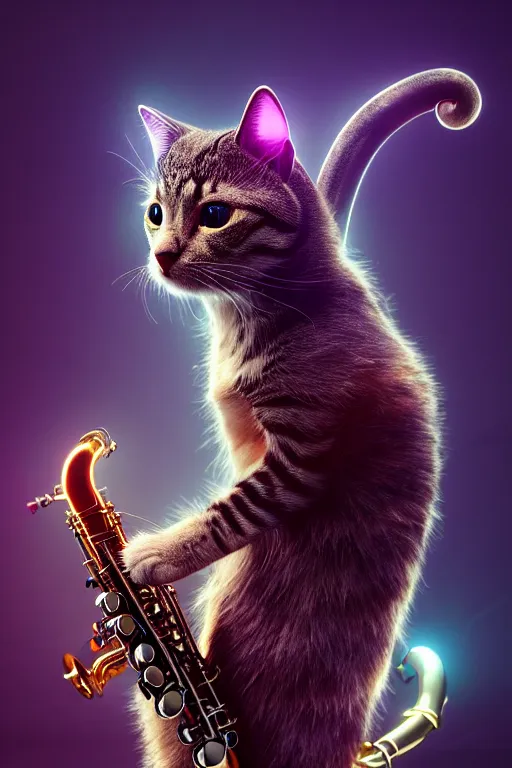 Prompt: high quality 3 d render very cute cyborg cat plays saxophone, cyberpunk highly detailed, unreal engine cinematic smooth, in the style of blade runner & pixar, hannah yata charlie immer, moody light, low angle, uhd 8 k, sharp focus