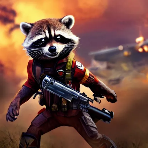 Prompt: rocket raccoon fighting in the vietnam war, 4 k, high resolution, still, landscape, hd, dslr, hyper realistic