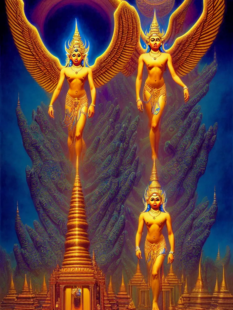 Prompt: a dmt blue and golden angel goddess hindu entity thai architecture, iridescent, tim hildebrandt, wayne barlowe, bruce pennington, donato giancola, trending on artstation, cinematic composition, beautiful lighting, hyper detailed, 8 k, oil on canvas