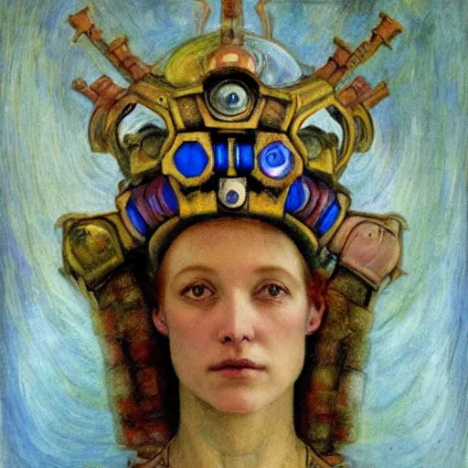 Prompt: the robot wearing her bone crown, by Annie Swynnerton and Diego Rivera , symbolist, dramatic lighting, elaborate geometric ornament, Art Brut, god rays, soft cool colors,smooth, sharp focus, extremely detailed, Adolf Wölfli and (Donato Giancola)