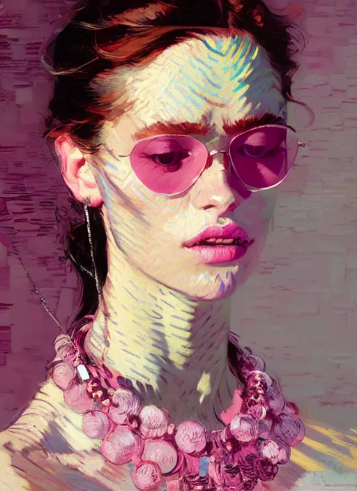 Image similar to portrait of a beautiful girl, necklace, eyes closed, open mouth, shades of pink, beautiful face, rule of thirds, intricate outfit, spotlight, by greg rutkowski, by jeremy mann, by francoise nielly, by van gogh, digital painting