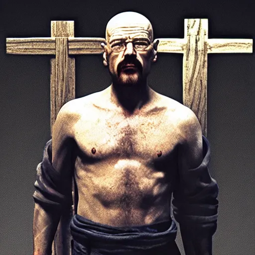 Image similar to walter white crucifies jesus, hyperrealistic