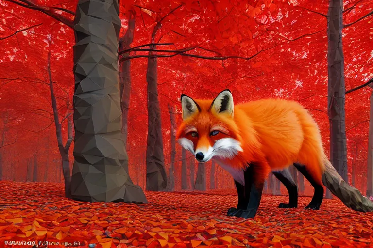 Image similar to super detailed color lowpoly art, red fox in an autumn maple forest, unreal engine, retrowave color palette, 3 d render, lowpoly, colorful, digital art, perspective