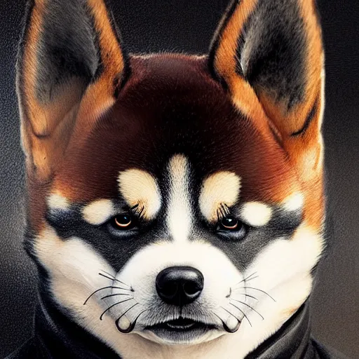 Prompt: portrait painting of a punk shiba inu with tuxedo fur, ultra realistic, concept art, intricate details, eerie, highly detailed, photorealistic, octane render, 8 k, unreal engine. art by artgerm and greg rutkowski and charlie bowater and magali villeneuve and alphonse mucha