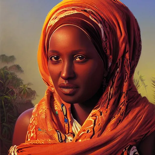 Prompt: portrait of a sudanese woman ( 3 5 ) from sudan, an oil painting by ross tran and thomas kincade