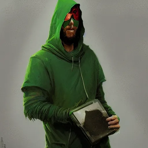 Prompt: portrait of a chad programmer with green hood by greg rutkowski