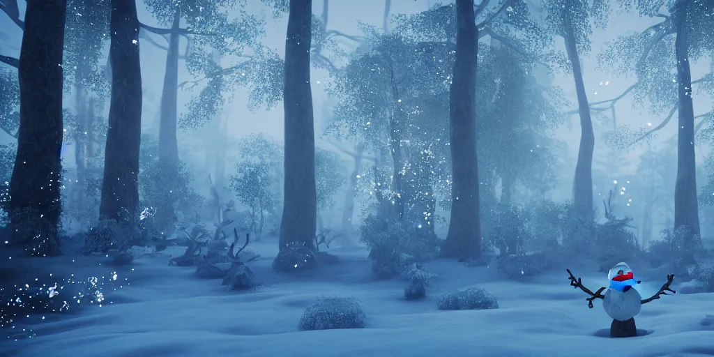 Image similar to the snowy, magical, mystical and foggy forest of vanaheim, scandinavian in winter 1 7 5 6 / norse influenced with magical glowing mushrooms and glowing fireflies and a laughing snowman, cinematic, ray traced, octane render, cinematic lighting, ultrarealistic, featured on artstation, 8 k uhd artwork