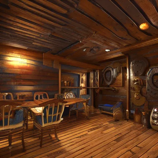 Image similar to the inside of an impressive award - winning pirate themed escape room set on the deck of a pirate ship. hyper - realistic, realistic color 3 d render