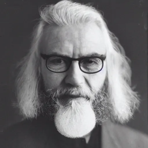 Prompt: man in his 5 0 s with long white hair, a white chin beard without mustache and small thin - frame round glasses, no mustache