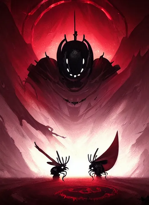Prompt: horror art, hollow knight, red peaks with scorpion in the background, art by greg rutkowski