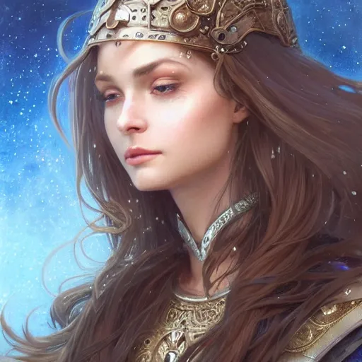 Image similar to beautiful celestial mage, sparkling eyes, stars in her eyes, shining eyes, grinning, elegant, enticing, sharp features, brown flowing hair, traditional roman armor, highly detailed, digital painting, artstation, concept art, smooth, sharp focus, beautiful face, expressive eyes, illustration, art by Artgerm and greg rutkowski and alphonse mucha