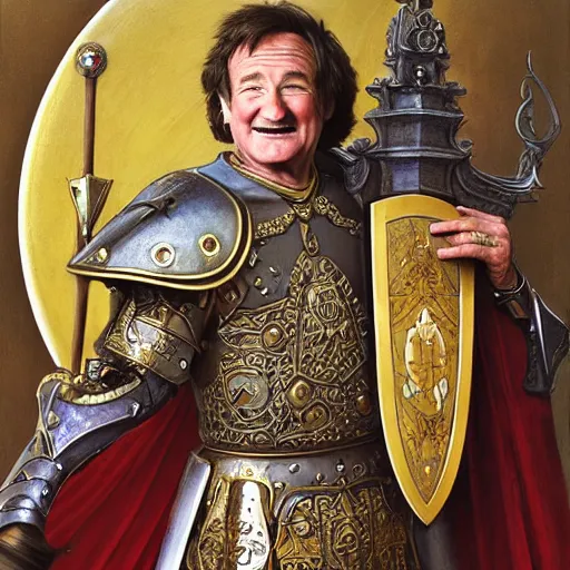 Image similar to an ultradetailed portrait of robin williams dressed as a fantasy holy paladin, carrying a large tower shield, d & d, fantasy, intricate, elegant, highly detailed, digital painting, matte, sharp focus, illustration, plate armor, god rays, art by john collier and albert aublet and krenz cushart and artem demura and alphonse mucha