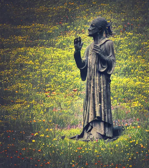 Prompt: mystical black death god statue in graveyard surrounded tall meadow of flowers, dslr photo, grainy, high detail, high resolution