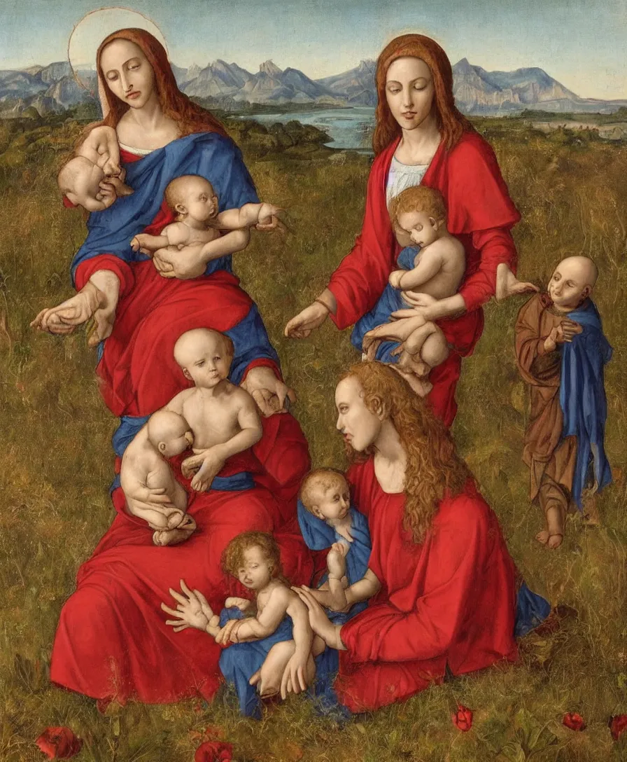 Image similar to Detailed Portrait of Madonna, curly red hair red shirt blue cloth, with infant Jesus, bald, holding a thin cross and arguing with another boy in front of Madonna in the style of Raffael. They are sitting in a dried out meadow near Florence, red poppy in the field. On the horizon, there is a blue lake with a town and blue mountains. Flat perspective.