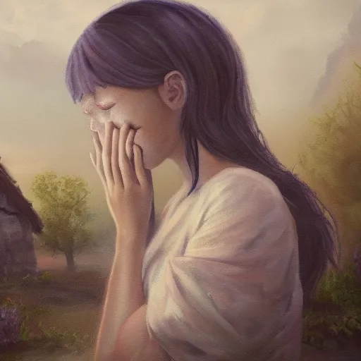 Image similar to a painting of a a huge crying girl sitting on a village, her tears flood the village, mysterious fog, 4k,