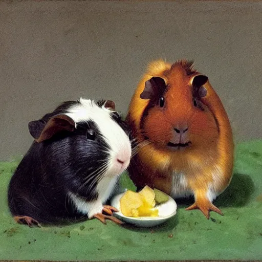 Prompt: two guinea pigs eating lettuce, in the style of anders zorn