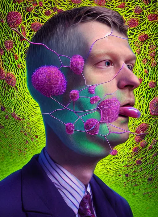 Image similar to hyper detailed 3d render like a Oil painting - serious portrait of Hank Green in Aurora (Singer) seen Eating of the Strangling network of yellowcake aerochrome and milky Fruit and Her delicate Hands hold of gossamer polyp blossoms bring iridescent fungal flowers whose spores black the foolish stars by Jacek Yerka, Mariusz Lewandowski, Houdini algorithmic generative render, Abstract brush strokes, Masterpiece, Edward Hopper and James Gilleard, Zdzislaw Beksinski, Wolfgang Lettl, hints of Yayoi Kasuma, octane render, 8k