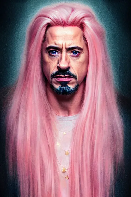 Image similar to Portrait of a beautiful pale skin Nordic man Robert Downey Jr with long pink hair, elegant, photorealistic, highly detailed, artstation, smooth, sharp focus, gold ornaments, neon lighting, sci-fi, art by Klimt