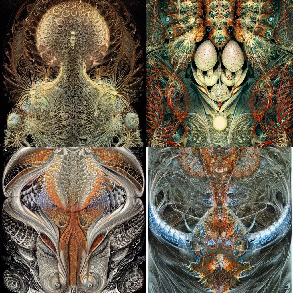 Prompt: fractal automaton by android jones, earnst haeckel, james jean