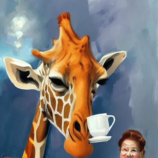 Image similar to a giraffe dressed like an astronaut drinking tea with queen isabel, trending on artstation, art by greg manchess, guangjian, detailed digital art, artstation hd