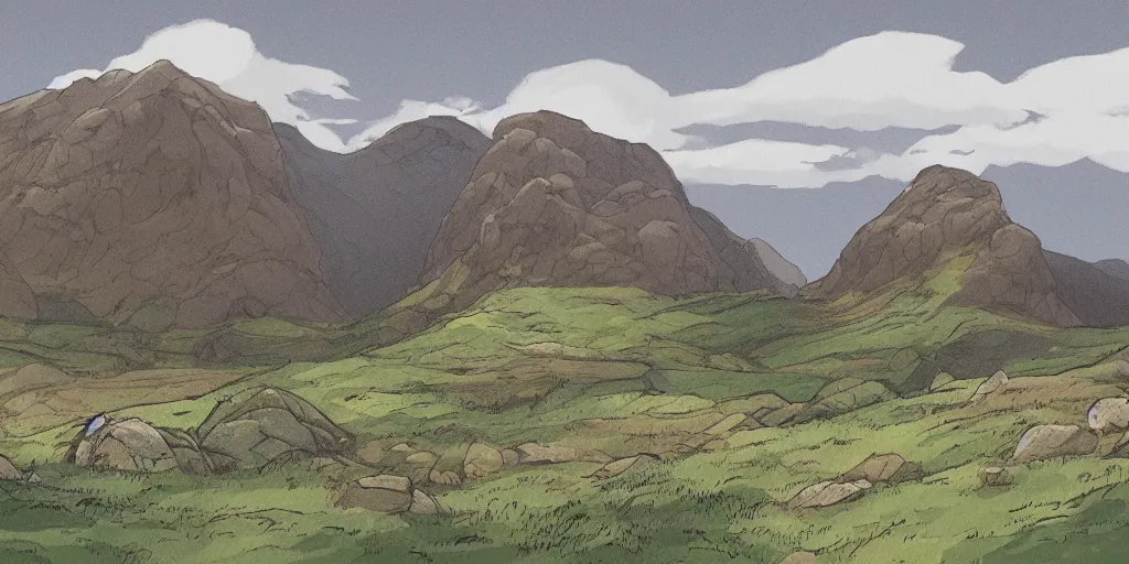 Image similar to Landscape illustration of the Scottish Highlands in the style of Studio Ghibli