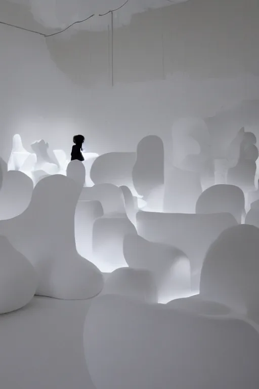 Image similar to floating, large white abstract blob shapes by daniel arsham, smooth, all white features on a white background