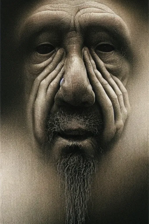 Image similar to ascii art, hyperrealism oil painting, portrait scary ai weiwei style zdzislaw beksinski
