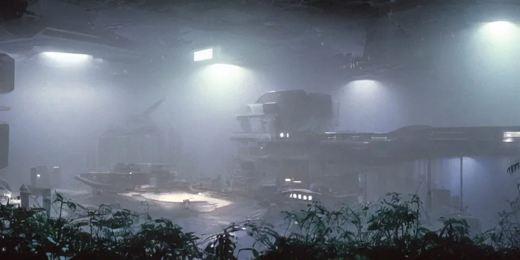 Image similar to film still of a dark futuristic scientific research outpost with complicated machinery and lasers in a moist foggy jungle, science fiction, ridley scott, lights through fog, futuristic outpost building, wet lush jungle landscape, dark sci - fi, 1 9 8 0 s, beige and dark atmosphere, ridley scott