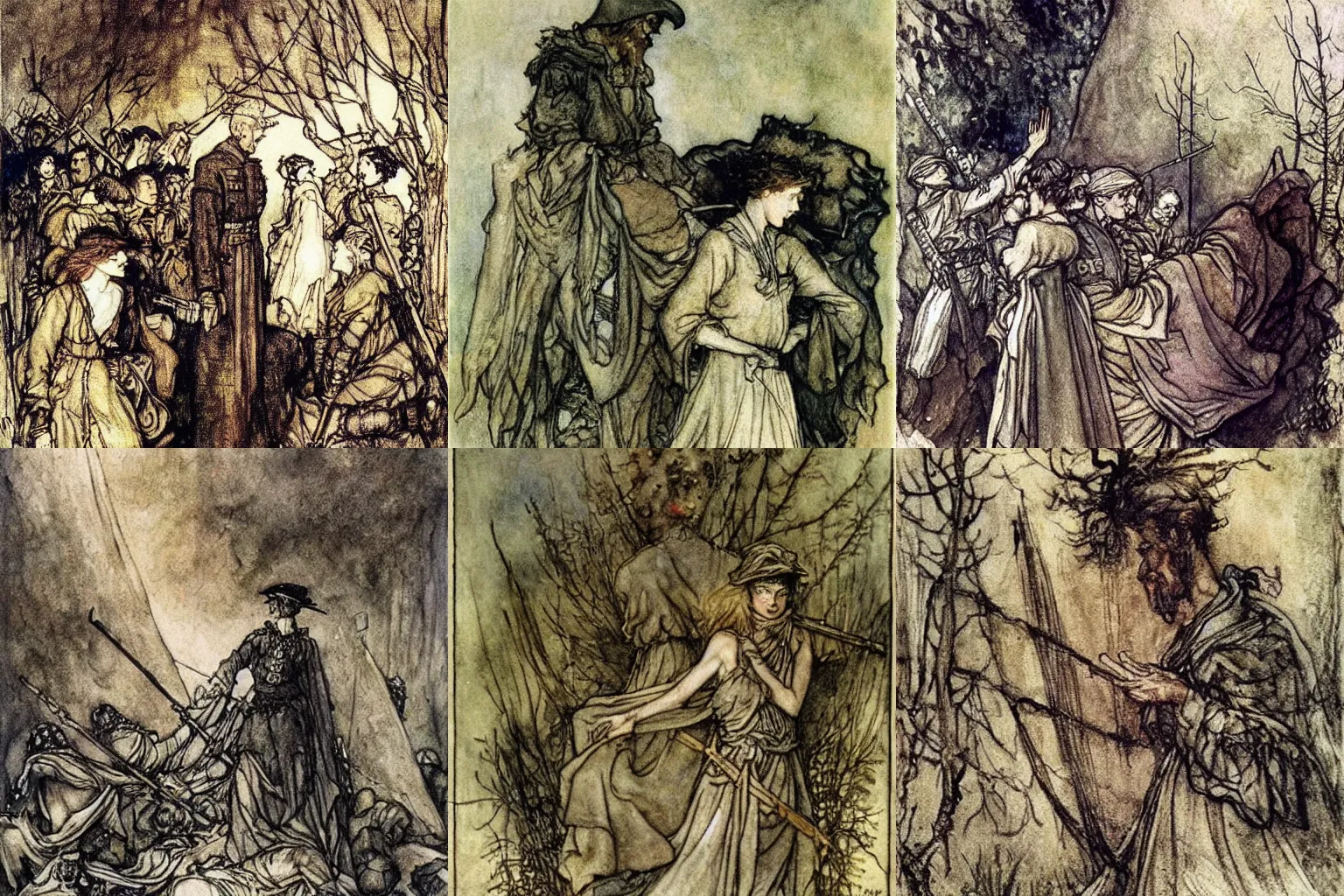 Prompt: war and peace : give heed to me. painting by arthur rackham.