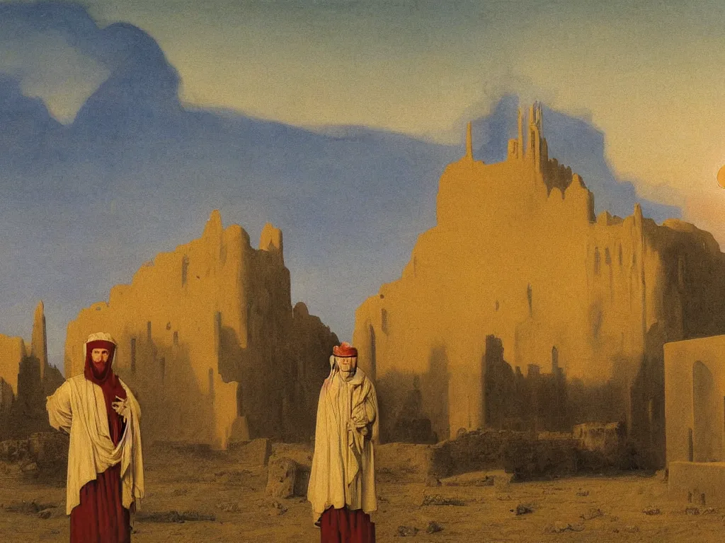 Image similar to Portrait of albino mystic with blue eyes, with ruins of a mosque in the distance in the desert. Sandstorm, sunset. Painting by Jan van Eyck, Caspar David Friedrich, Rene Magritte, Agnes Pelton, Max Ernst, Walton Ford