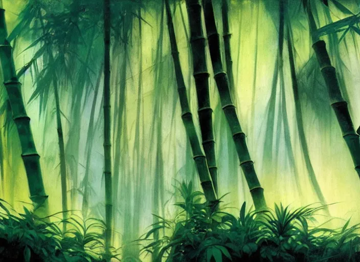 Prompt: bamboo forest, intricate, elegant, highly detailed, vivid colors, john harris, frazetta, tyrus wong, ruan jia, jeffrey catherine jones