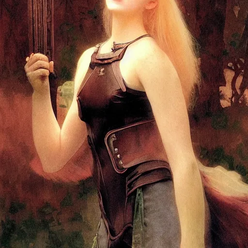 Prompt: Painting of Elle Fanning as Magik by William Adolphe Bouguereau and Bill Sienkiewicz. Dusk. Extremely detailed. 4K. Award winning.