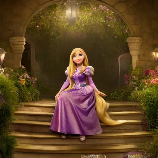 Image similar to Jennette McCurdy as Rapunzel in disney tangled live action, 8k full HD photo, cinematic lighting, anatomically correct, oscar award winning, action filled, correct eye placement,