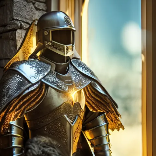 Prompt: evil knight, glowing halo, fantasy paladin, intricate legendary armor, located in a castle, morning sunlight through the window, decorated, high quality, highly detailed, 4 k