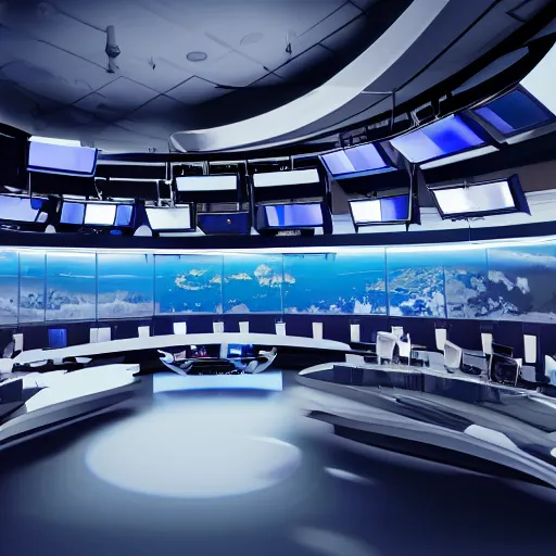 Image similar to futuristic news studio, concept art, wide lens, cinematic composition, iterior, detail