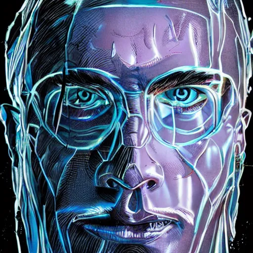 Prompt: man portrait made out of ice, beautiful, cyborg, comic book art, neon