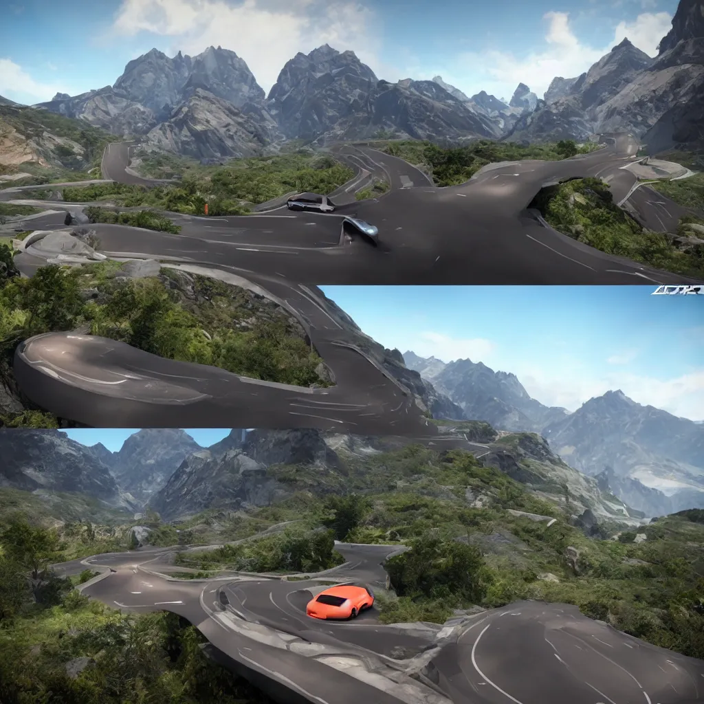 Image similar to futuristic car drive down a road in the mountains, unreal engine