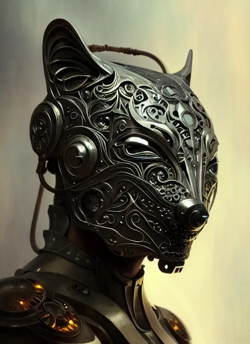 Image similar to organic cyborg, wolf mask, diffuse lighting, fantasy, intricate, elegant, highly detailed, lifelike, photorealistic, digital painting, artstation, illustration, concept art, smooth, sharp focus, art by John Collier and Albert Aublet and Krenz Cushart and Artem Demura and Alphonse Mucha